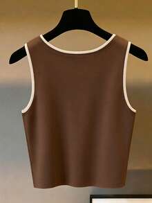 Franclia Casual Colorblock Floral Print Crew Neck Cropped Tank Top - Coffee Brown - View 2