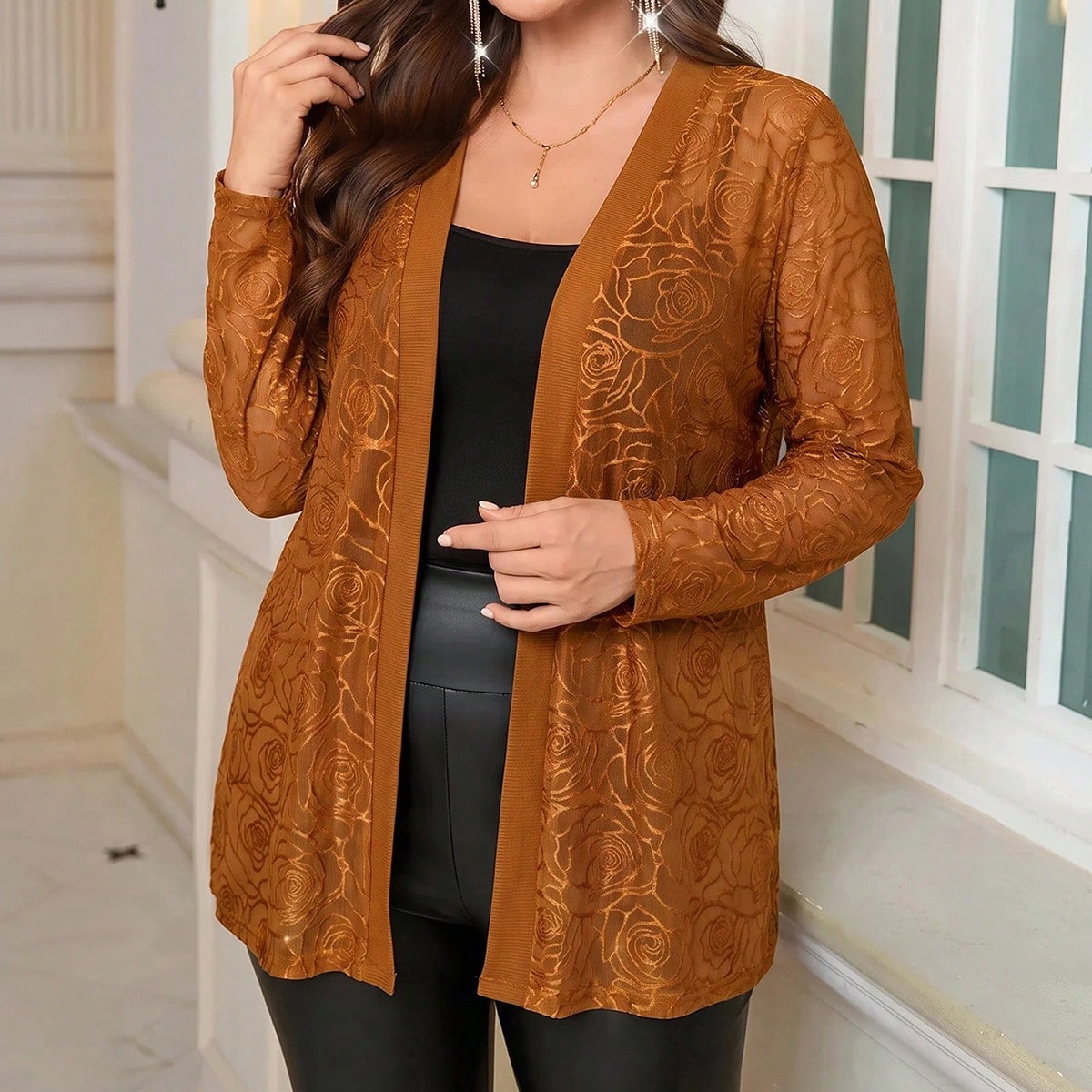 Plus Size Women's Summer/Fall Casual Elegant Commute Floral Solid Brown Jacket, Autumn Festival,Halloween,Orange,Lightweight Cardigan,Coats,Daily Wear