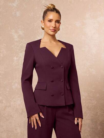 Lumalex Fall Winter Asymmetrical Collar Waist-Cinching Double-Breasted Structured Padded Shoulder Long Sleeve Long Straight Fit Women's Suit Set
