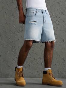 GALLERY FADE Men's Casual Daily Denim Shorts With Pocket, Button And Distressed Design - Blue - View 3