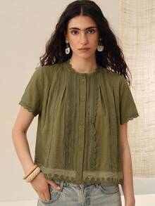 Arave Women's Elegant Bohemian Style Linen Fabric Patchwork Lace Design White Blouse, Women's Blouse, Apricot, Contains Linen Viscose Fabric, Hollow Embroidery, Women's Blouse, Round Neck, Short Sleeve, Loose Fit, Casual Wear - Green - View 5