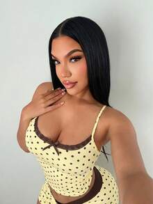 SHEIN SXY 女士蕾丝波点印花吊带背心和短裤性感内衣套装 - 黃色 - 查看 3