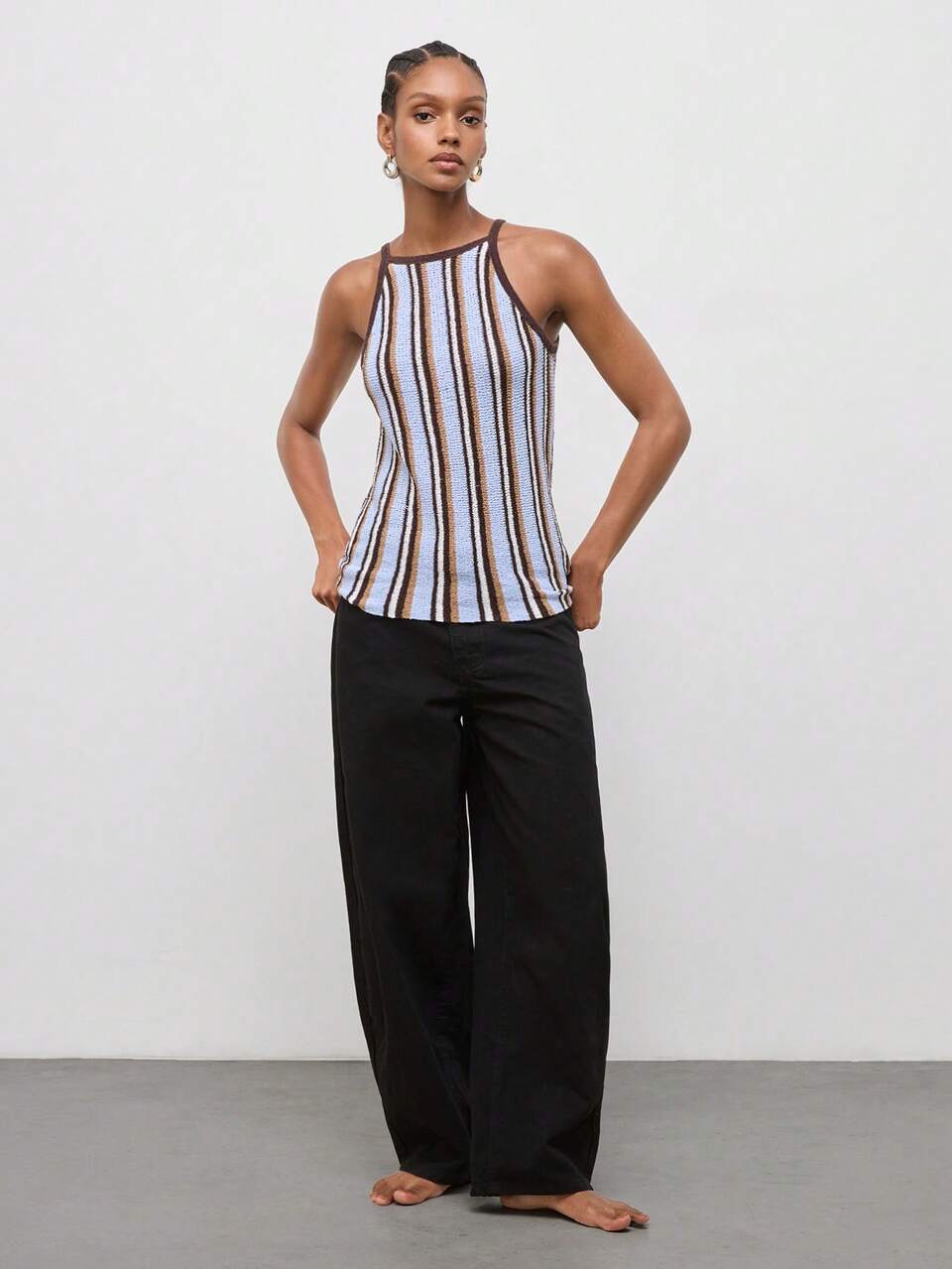 SHEIN Maija Women's Purple & Brown Striped Knit Tank Top, Summer Urban Casual
