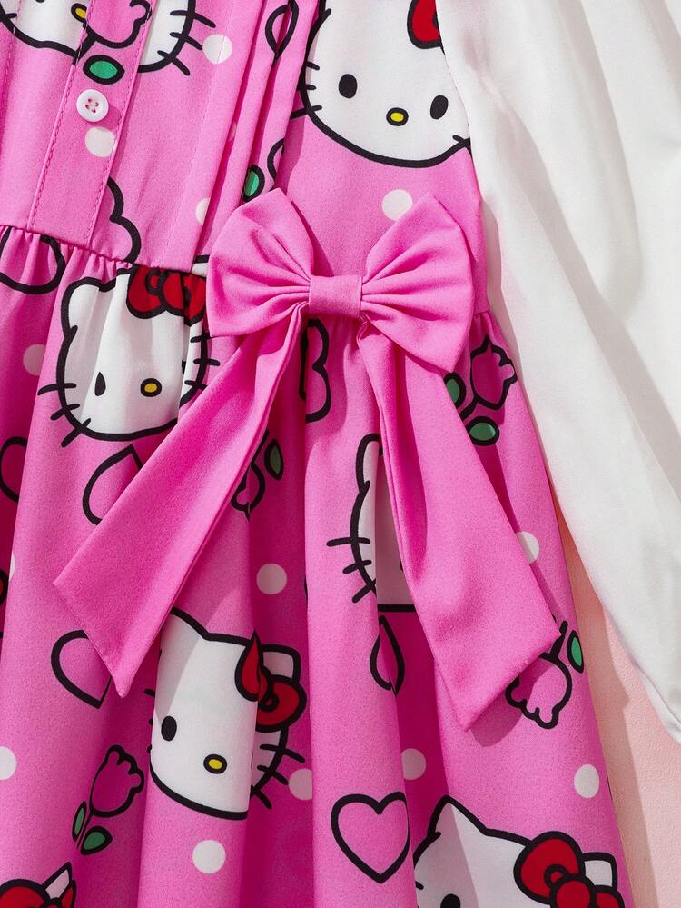 HELLO KITTY AND FRIENDS | SHEIN 女童卡通印花拼色彼得潘領長袖洋裝 - 粉色 - 查看 6