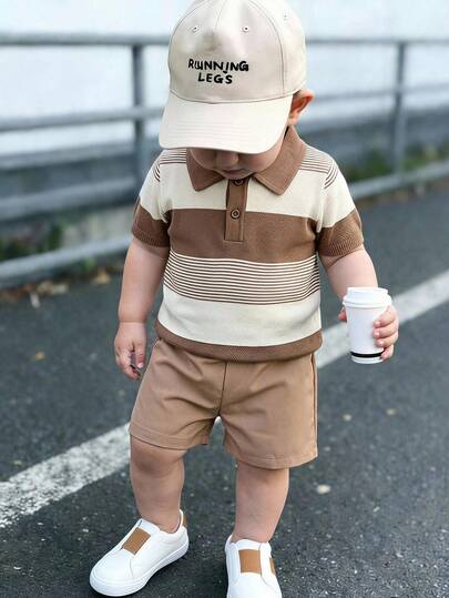 Cozy Pixies Set de 2 piezas para niño pequeño: Camisa polo a rayas casual y pantalones cortos de cintura elástica, adecuado para fiesta de cumpleaños, evento de noche, actuación, boda, celebración, baby shower