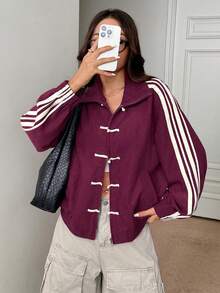 SHEIN PETITE 女款中式盤扣寬鬆側條紋休閒夾克 - 中紫紅色 - 查看 12