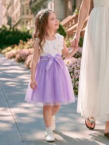 Elladie kids 女童3D花卉网眼无袖圆领休闲夏装 - 紫色 - 查看 5
