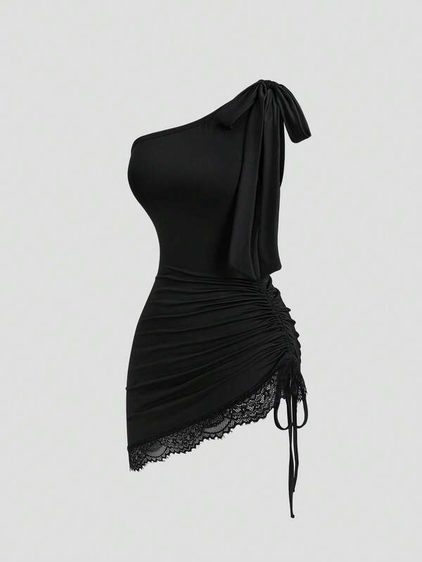 Sweetra Women's One Shoulder Tie Strap Side Drawstring Lace Trim Short Dress, Casual Daily Wear, Minimalist Sexy Elegant Style