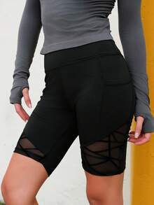 Nelanie Turli Flocked Mesh Splicing High Waist Seamless Sports Shorts Black - Black - View 2