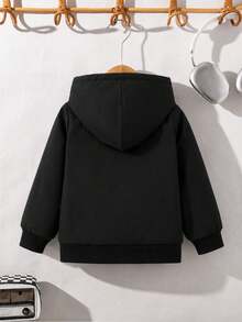 SHEIN 男童純色抓絨內裡連帽外套，柔軟抓絨內裡舒適保暖，全天候防護，適合上學，嬰兒白色冬季款 - 黑色 - 查看 3