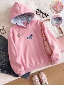 SHEIN 1件女童軟綿可愛甜美風粉色連帽衛衣，柔軟面料，寬鬆版型，舒適穿著，正面印花臘腸犬幼犬圖案，連帽內裡藍白條紋滿版印花配同款幼犬圖案，羅紋袖口與下擺，簡約百搭日常穿著，校園穿搭，中厚度，秋冬款 - 粉色 - 查看 3