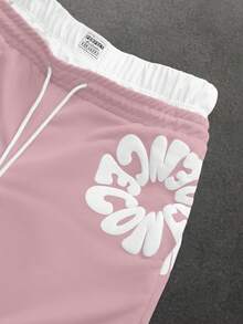 SLATEMANN Shorts de mezclilla para hombre con doble cintura, estampado en relieve, cordón de color contrastante - Rosa Pálido - Ver 3