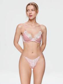 Bonmuse Women's Satin Lace Lingerie Set, Underwire Bra And Thong, Sweet Floral Eyelash Lace Lingerie - Pink - View 3
