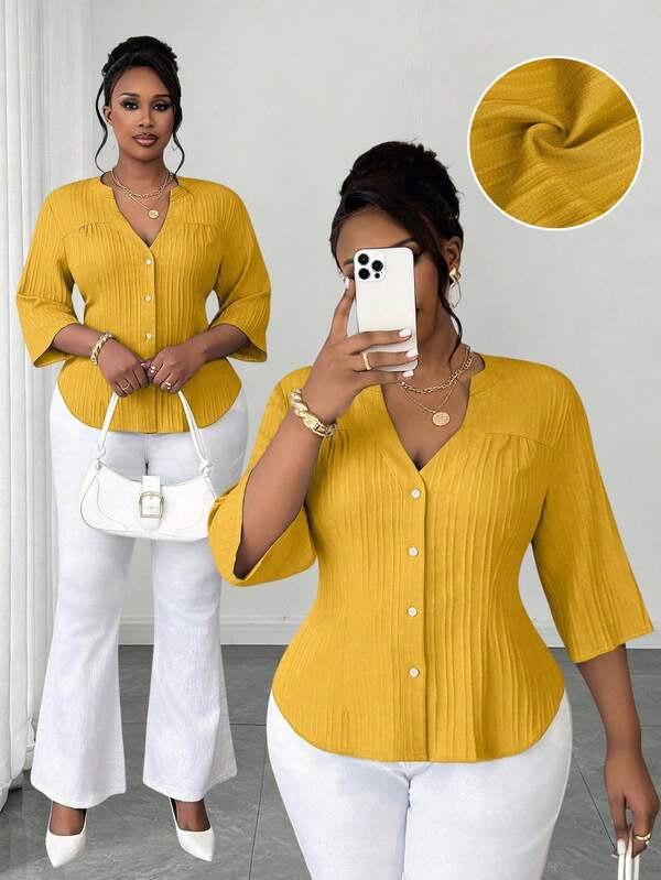 Maweii Plus Size Women's Solid Color Notch Collar Short Sleeve Casual Shirt, Elegant Cardigan For Spring/Autumn, Commuting, Office, Daily Casual, Versatile, Suitable For Teachers, Yellow Women's Tops Blouse For Women Business Casual Women Tops Latest Tops For Women Women's Shirts For Summer Women's Tops And Blouses Blouse For Women Casual Modern Latest Tops For Women New Arrivals Premium Tops Ladies Shirts Casual Women's Tops New Arrivals Summer Shirts