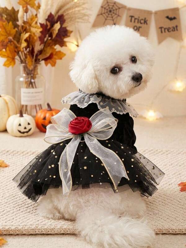 PETSIN 1pc Cat And Dog Dress, Gothic Style Halloween Pet Black Velvet Dress, Red Rose Large Sheer Gauze Bow Light Luxury Small Cat And Dog Dress, Suitable For Halloween Costume Parties, Wedding Pet Outfits, Holiday Photo Shoots