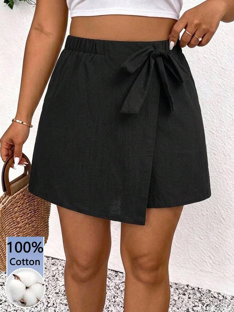 SHEIN Frenchy Casual Black Fabric Plus Size Women's Bow Tie Drawstring Shorts, Black Skirt Shorts, Music Festival, Party, Back To School - Black - View 1