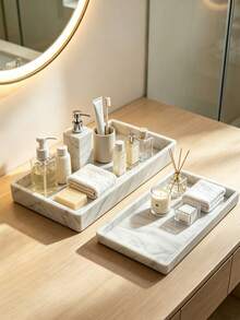 Marble Tray For Bathroom, 2 Pieces Tray Set. Made Of Silicone, Featuring White Marble Patterns, Suitable For Bathrooms, Bathtubs, Kitchen Sinks, And Bathroom Silicone Trays. - multicolor - View 6