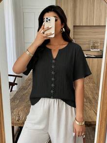 Weeklong Blusa holgada de manga corta con volantes y parches florales para mujer talla grande, primavera/verano - Negro - Ver 5