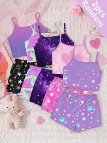 SHEIN 少女針織細肩帶上衣與短褲休閒兩件套 - 紫色 - 查看 10