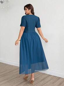 Modelyn Women's French Elegant Square Neck Petal Sleeve Textured Pleated Chiffon Patchwork Long Dress Plus Size - Teal Blue - View 2