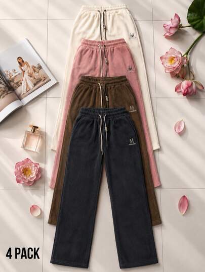 Set Of 4 Straight Leg Pants For Women, Multicolor. Letter Embroidery. Natural Waist Fit. Functional Backpacks. You Will Receive 4 Pounds In Random Col