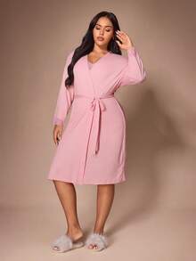 Lazeform Plus Size Solid Color Soft Lace Pajama Set, Women's Home Wear Camisole Long Sleeve Tie-Front Robe 4-Piece Set - Pink - View 7