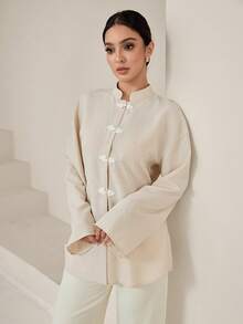Graceveil 女款新中式手工青蛙鈕扣設計長袖襯衫 - 杏色 - 查看 7