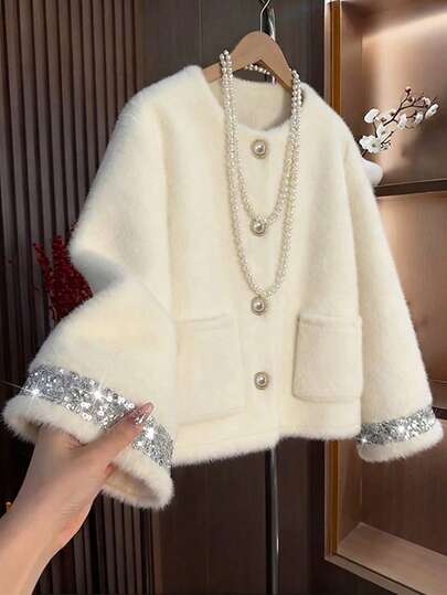Everyssa Áo khoác nữ cổ tròn đính sequin, cài nút đơn, phong cách thường ngày đa năng, tay dài, phù hợp đi chơi hàng ngày