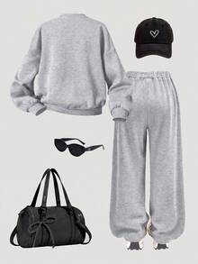 SHEIN Kids Tween Girl Casual Heart Print Knit Solid Color Loose Drop Shoulder Long Sleeve Sweatshirt & Pleated Wide Leg Sweatpants Set - Grey - View 2