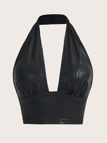 SHEIN ICON Top halter con cocodrilo en relieve de espalda abierta PU - Negro - Ver 2