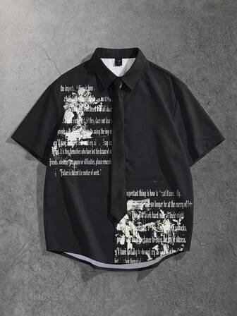 Street Life Camisa de manga corta con estampado gótico, estilo primavera/verano, incluye corbata