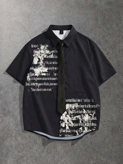 Street Life Gothic Print Short Sleeve Shirt, Spring/Summer Style, Comes With Tie