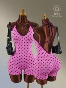 Amplova Women's Polka Dot Print Halter Neck Backless Sports Romper Seamless Pink Backless Fitness Gym Sexy Workout Going Out Daily Wear Sport Jumpsuit Fashion - Pink - View 2