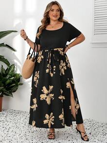 SHEIN CURVE+ Curve 大碼 US22 音樂祭海邊度假波希米亞風夏季休閒花卉印花拼接短袖長洋裝 黑色 - 黑色 - 查看 3