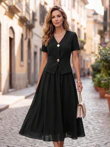Miaspire Atasan Lengan Pendek Leher V dengan Rok Panjang Modis Berbahan Chiffon - Hitam - View 7