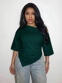 Slaydiva 2026 Spring/Summer Women's Plus Size Solid Color Asymmetric T-Shirt - Dark Green - View 7
