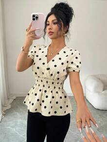 Elenzga Women's Polka Dot Pattern Waist Gathered Short Petal Sleeve Denim Top - Blue - View 3