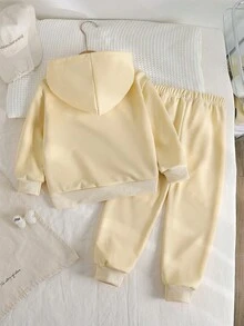 2 件套幼儿女童时尚奶油色蝴蝶结刺绣连帽夹克 + 松紧腰修身九分裤，休闲运动装，春秋季 - 杏色 - 查看 2