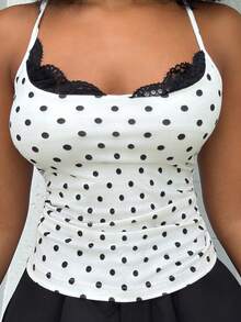 Alexandranx Women's Elegant Romantic Delicate Charming Holiday Sexy Black Lace Trim Collar Black & White Polka Dot Cami Top, Y2K Sexy Versatile For Vacation, Elegant And Casual Polka Dot Lace-Trimmed Camisole For Spring And Summer, Polka Dot Corset, Spring Women, Spring Break , Valentine's Day, Elegant Party Top, Polka Dot Top - Black and White - View 7
