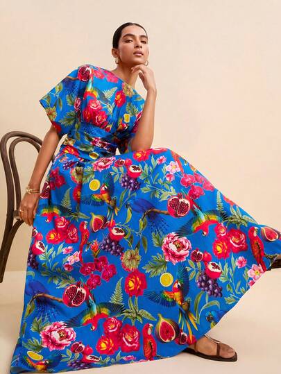 LOTSLUV Vestido largo estampado para mujer de principios de otoño, elegante para ir al trabajo, con estampado de granada azul y botánico, cuello redondo, manga corta y cintura fruncida