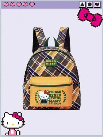 HELLO KITTY AND FRIENDS | ROMWE UND FREUNDE | ROMWE Vintage Karomuster Rucksack für den Arbeitsweg, vielseitig, große Kapazität, Kitty, College-Stil, mehrfarbig