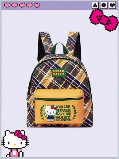 HELLO KITTY AND FRIENDS | ROMWE UND FREUNDE | ROMWE Vintage Karomuster Rucksack für den Arbeitsweg, vielseitig, große Kapazität, Kitty, College-Stil, mehrfarbig