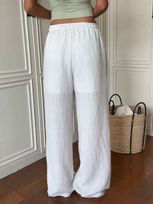 SHEIN EZwear 女款紋理素色抽繩腰直筒寬鬆長褲 - 白色 - 查看 2
