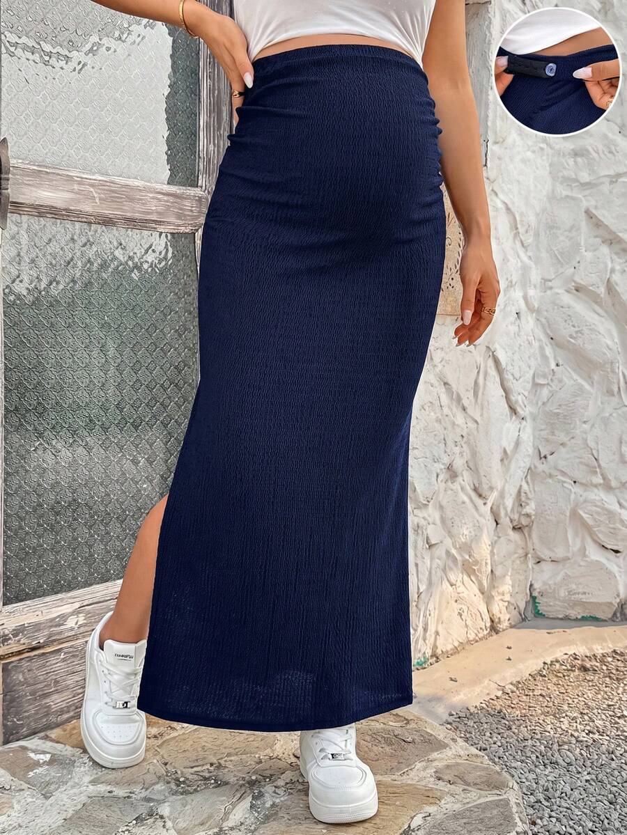 SHEIN 孕婦可調腰圍時尚百褶側開衩裙 秋季 - 藏蓝色 - 查看 1