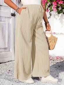 SHEIN Maternity Solid Color Waist Tie Wide Leg Loose Fit Long Pants Fall - Apricot - View 3