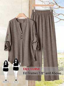 SHEIN Tall CURVE 大尺碼女款高個巧克力棕色兩件套 純色收口袖襯衫＋寬腿長褲 簡約休閒傳統秋季度假套裝 - 棕色 - 查看 2