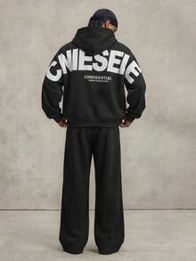 PAVTROS Men's Young Letter Print Pocket Hoodie And Casual Long Pants Set - Black - View 1