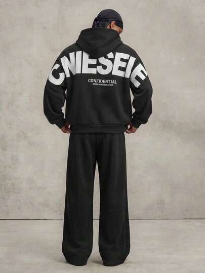 PAVTROS Men's Young Letter Print Pocket Hoodie And Casual Long Pants Set