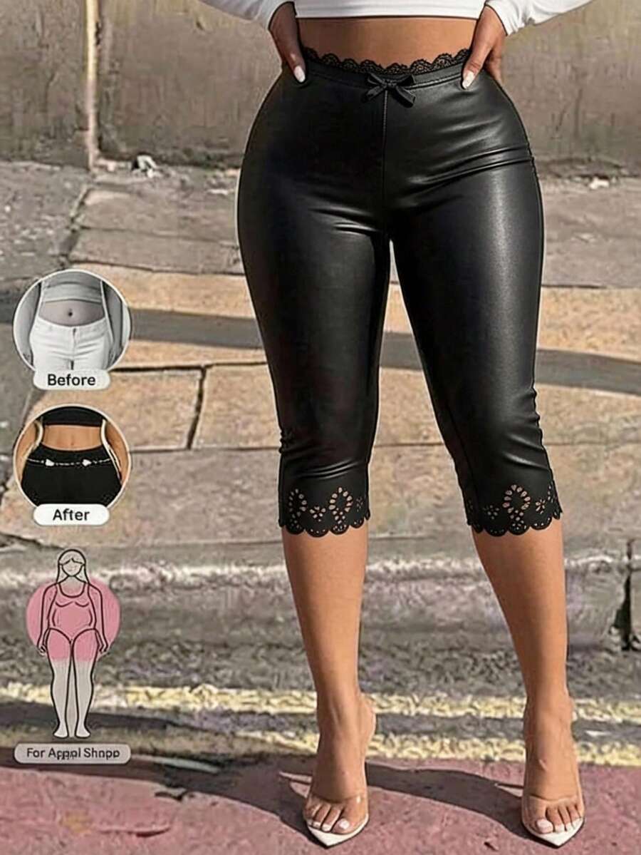 SHEIN SXY 大尺碼女款素色PU皮革休閒百搭日常穿搭緊身七分內搭褲