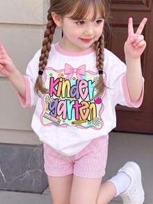 1set Young Girls Back To School Bow Pattern Print Casual Versatile ...